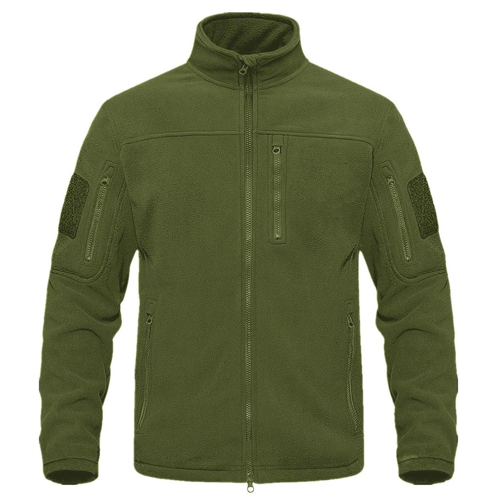 Full Zip Up Green Fleece Jacket Thermal Warm Work Coats Mens Zipper Pockets Jacket Hiking Training Outwear Windbreaker