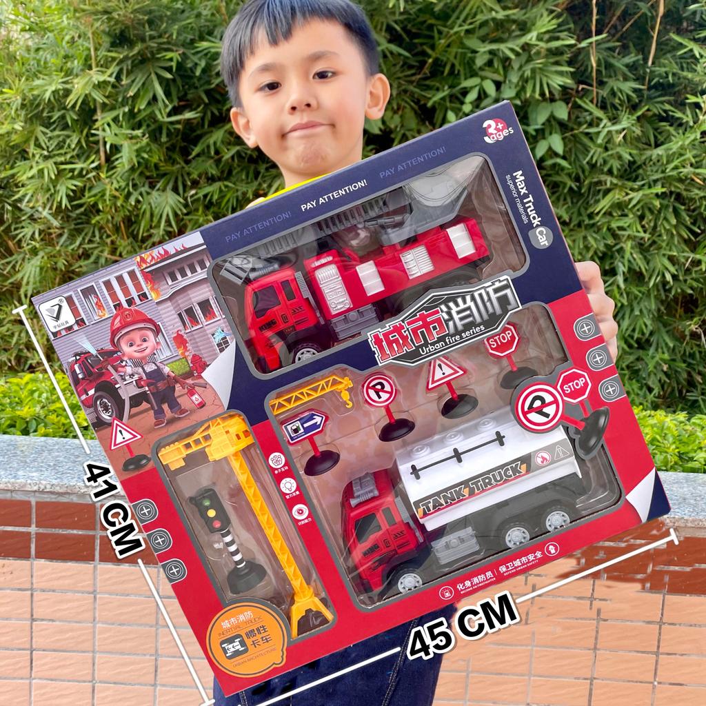 Construction Truck Fire Truck Inertia Pull Back Truck Set Gift Box Excavator Bulldozer Model Boy Toy
