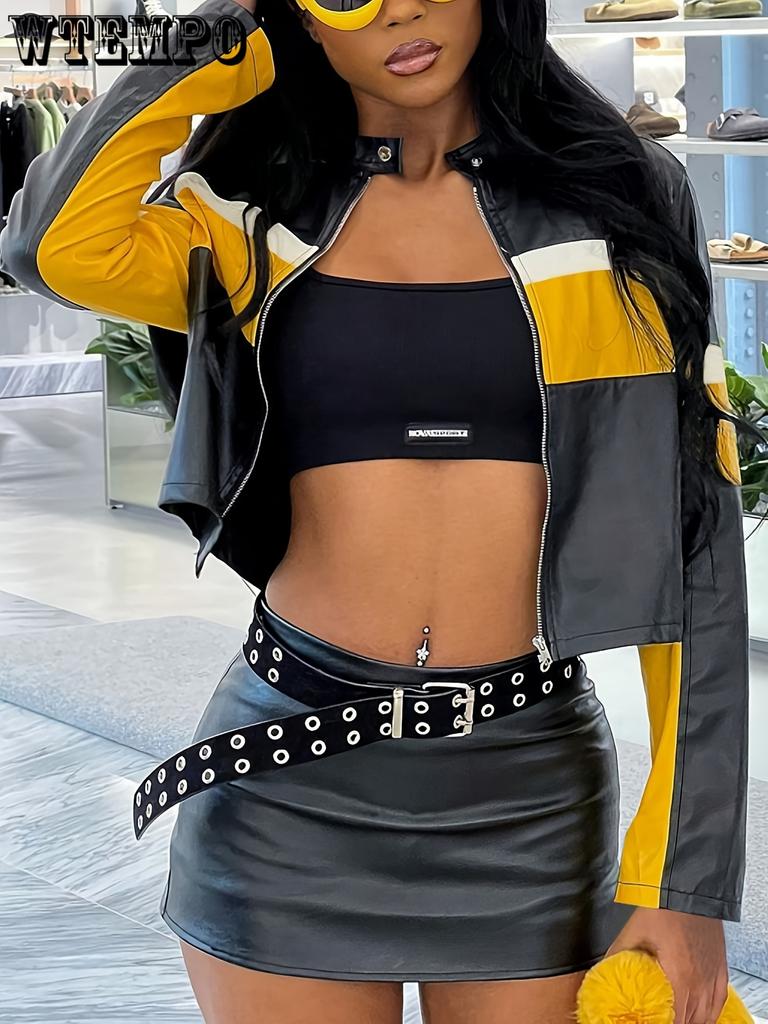 Damen-Bikerjacke mit Farbblockdesign, eleganter Stil, modische Motorradjacke für Damen im Herbst und Winter