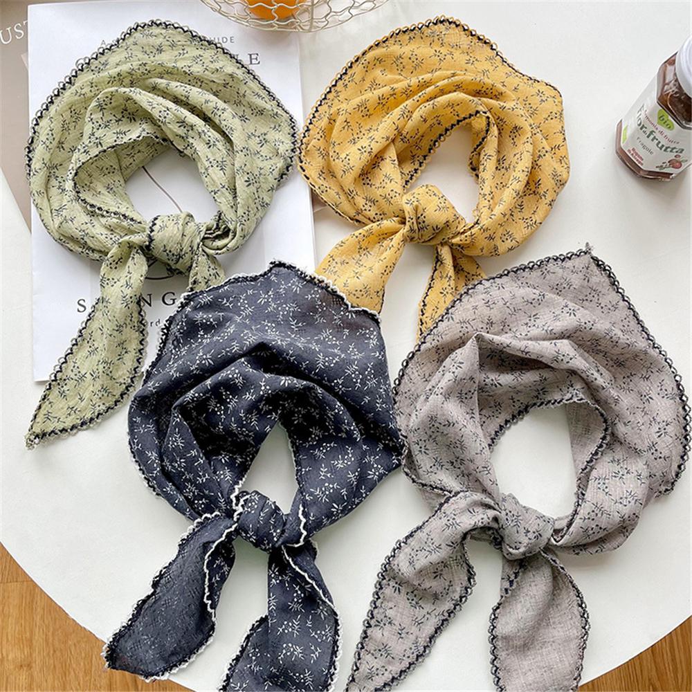 Lightweight Floral Triangle Scarf Korean Style Thin Vintage Neck Scarf Head Wrap Breathable Cotton Linen Scarf for Women
