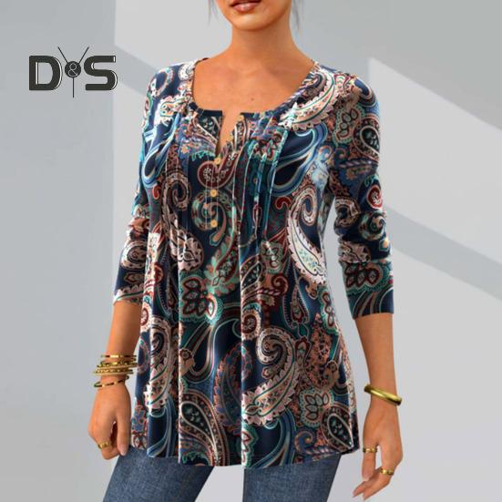 Women Fall Spring Top Vintage Print Round Neck Long Sleeve Button Mid Length A line Soft Pullover Lady Daily Blouse T shirt