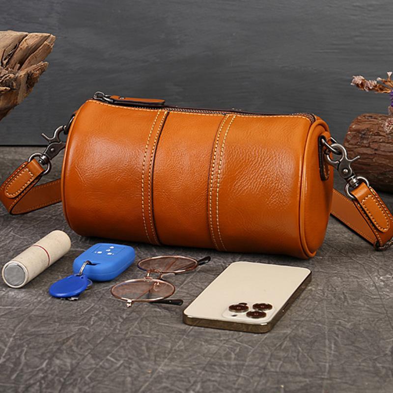 Single Shoulder Bag Fashionable Retro Large Capacity Cylindrical Bag Genuine Leather One Shoulder Crossbody Bag