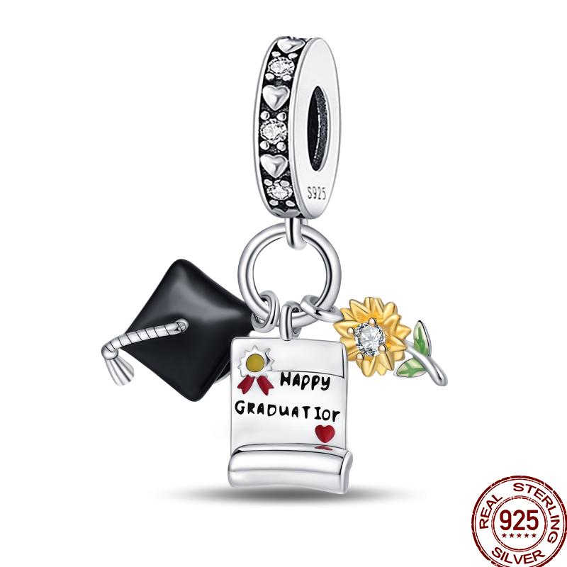 Graduation Series Pure Copper Metal Bachelor's Hat Certificate Flowers Charm Bead Components Bead Components Compatible With Pan Authentic Original