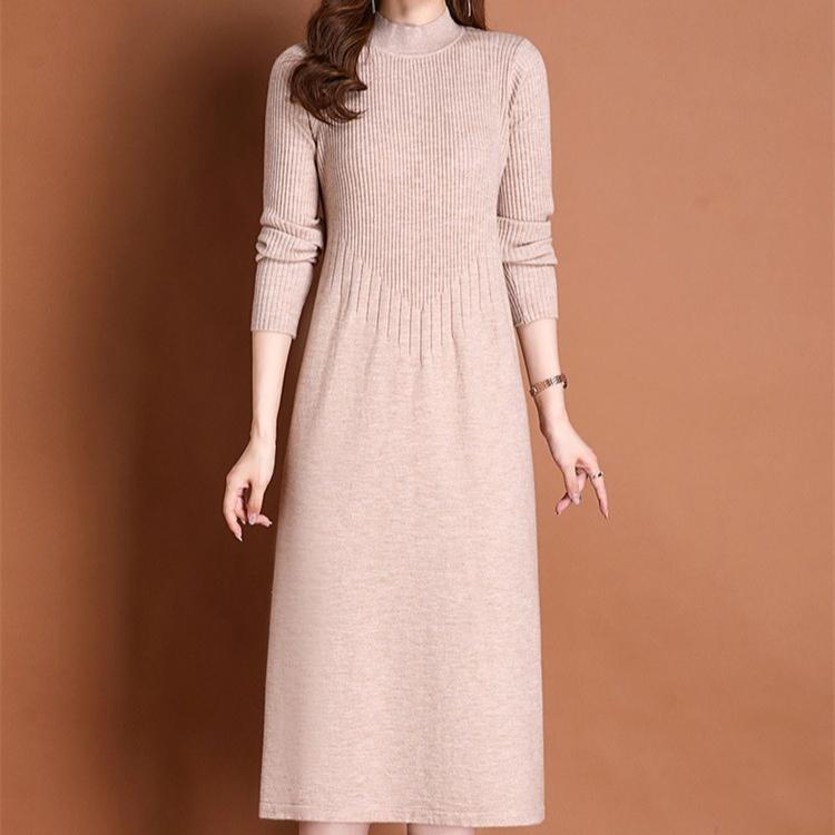 Solid-color Sweater Dress for Women's Autumn and Winter Casual Half Turtleneck Sweater A-line Dress