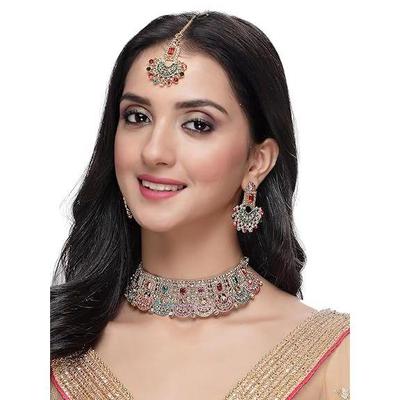 Graceful Curve Shaped Gold Plated AD Stones Choker Necklace Set With Earring And Maangtika | Jewellery Set For Women