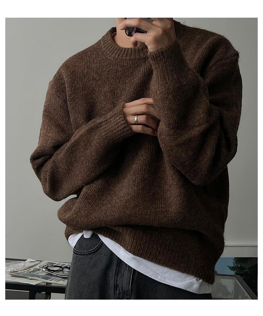 Men's Solid Color Round Neck Knit Sweater - Warm, Thick, and Versatile for Spring and Autumn