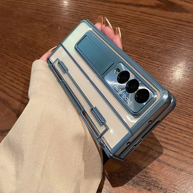 

For Samsung Galaxy Z Fold 7 6 5 4 3 5G One-Piece Plating Transparent Case With Stand And Screen Protector Film Shockproof Cover For Galaxy Z Fold 3