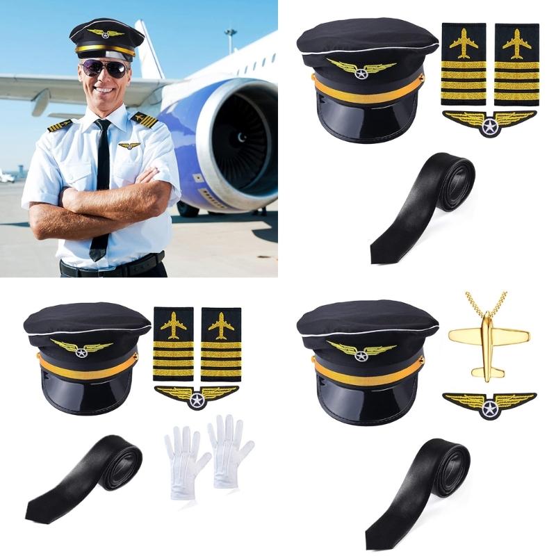 Flugkapitän-Kostüm für Erwachsene, Piloten-Cosplay-Accessoire, Uniform, Schulterklappen, Hut, Krawatte, Flugbegleiter-Rollenspiel-Outfit