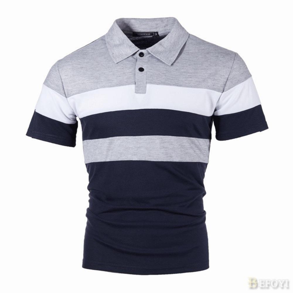 Men's Polo Shirt Short Sleeve Striped Casual Loose Color Block Fashion Collar Top