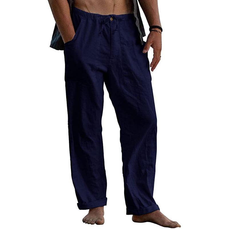 Cotton and Linen Pants Yoga Beach Loose Casual Pants Waist Drawstring with Pocket Men’s Casual Pants