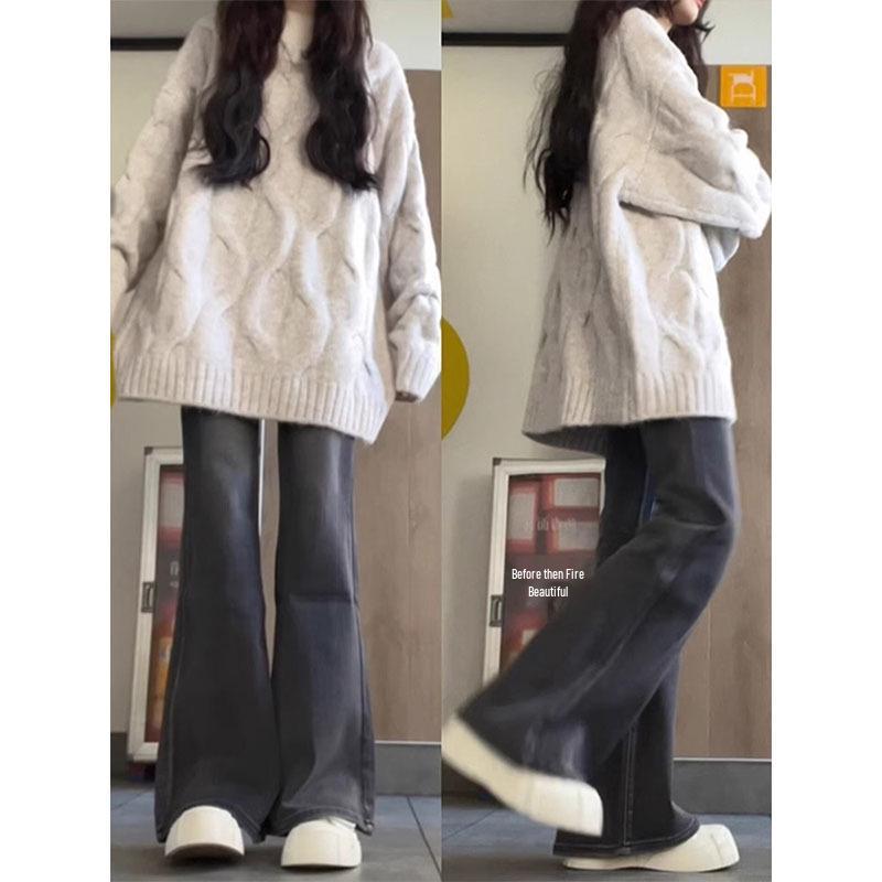 

Plus Size Women s High-Waisted Micro-Flare Jeans - Slimming Wide Leg Pants for Petite Figures, Trendy Summer Style 4XL