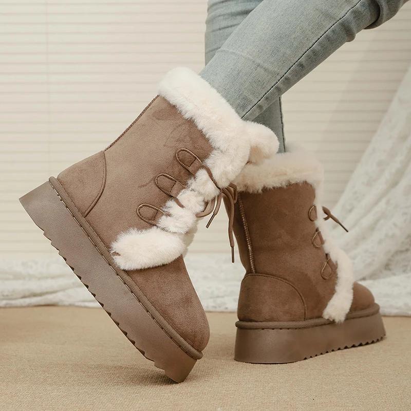 Women's Winter Warm Fur Snow Boots Lace Up Fluffy Plush Platform Ankle Boots for Women Thick Bottom Non Slip Cotton Padded Shoes