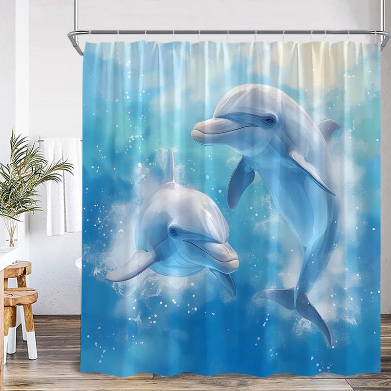 Cartoon Ocean Animals Shower Curtain Shark Dolphin Octopus Starfish Conch Kids Bath Curtains Polyester Bathroom Decor With Hooks