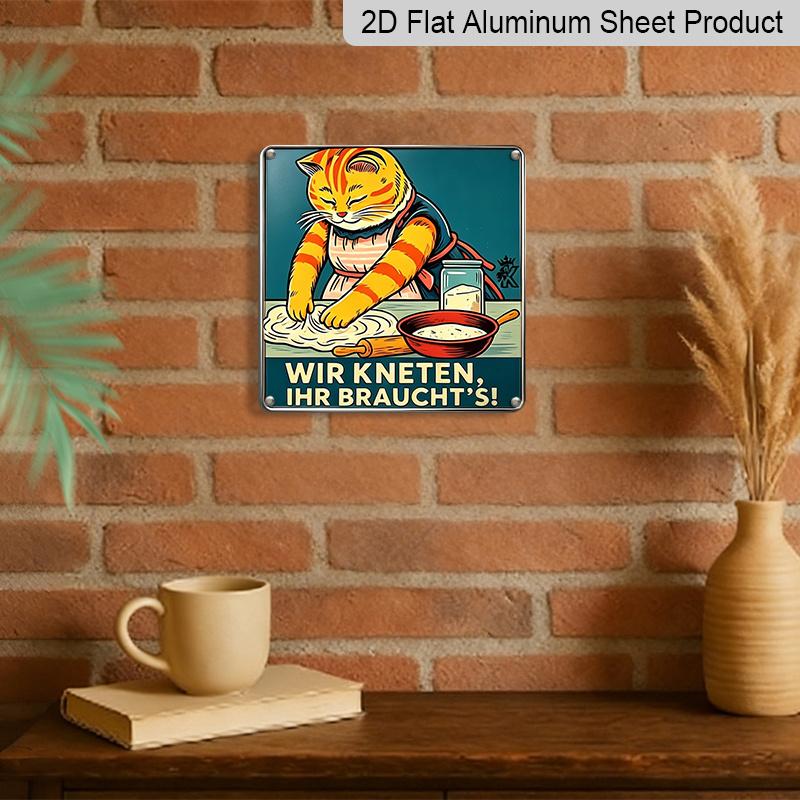 2D Flat, 1pc, Vintage Metal Aluminum Sign, Decorative Plaque and Ornament, Orange Cat Kitchen Baking Theme, Retro Humorous Style, Decoration for