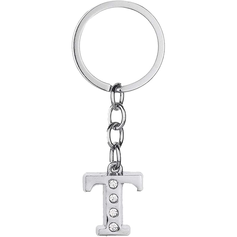 Ofixo (Letter T) English Alphabet Letter Silver Metal Keychain With Crystal Stones, For Car Bike Men & Women Keyrings