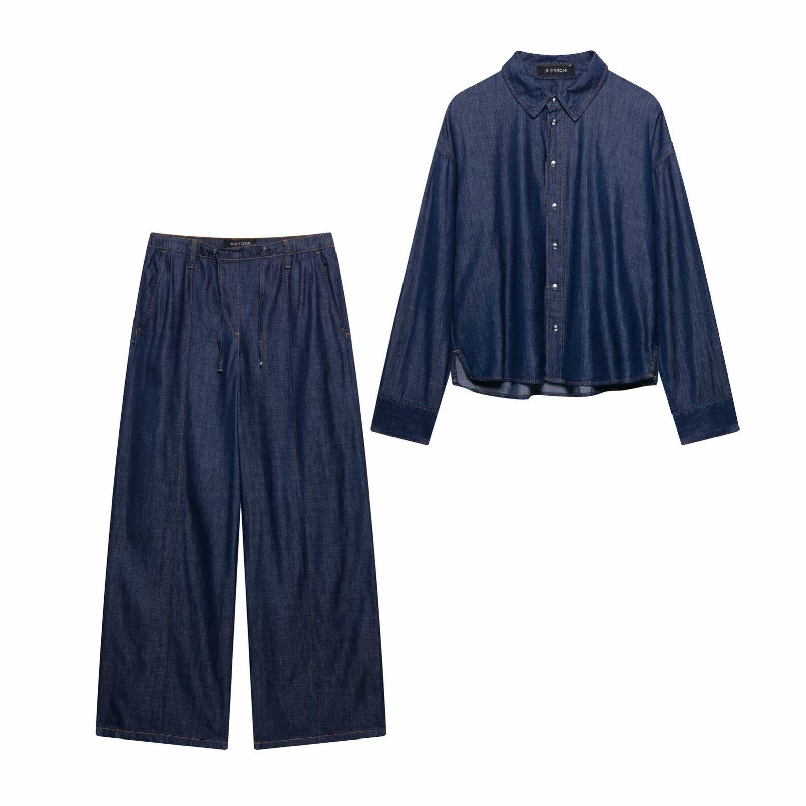 

TAOP&ZA Spring Women s Denim Shirt & High Waist Wide Leg Pants Set XS