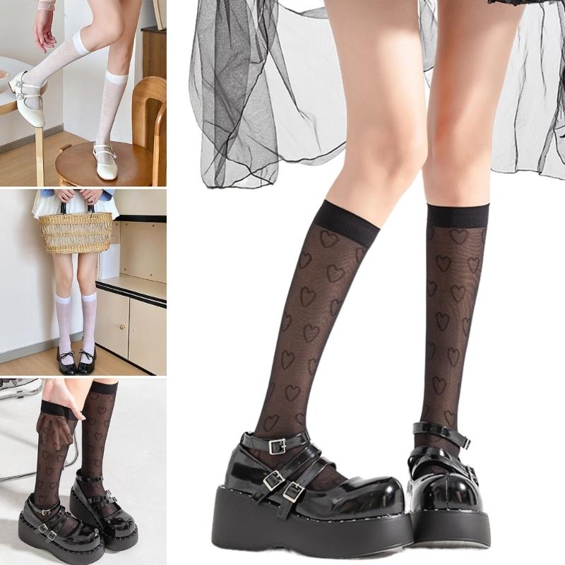 Women Japanese Style Summer Cute Heart Pattern Thin Silk Over Calf Long Socks