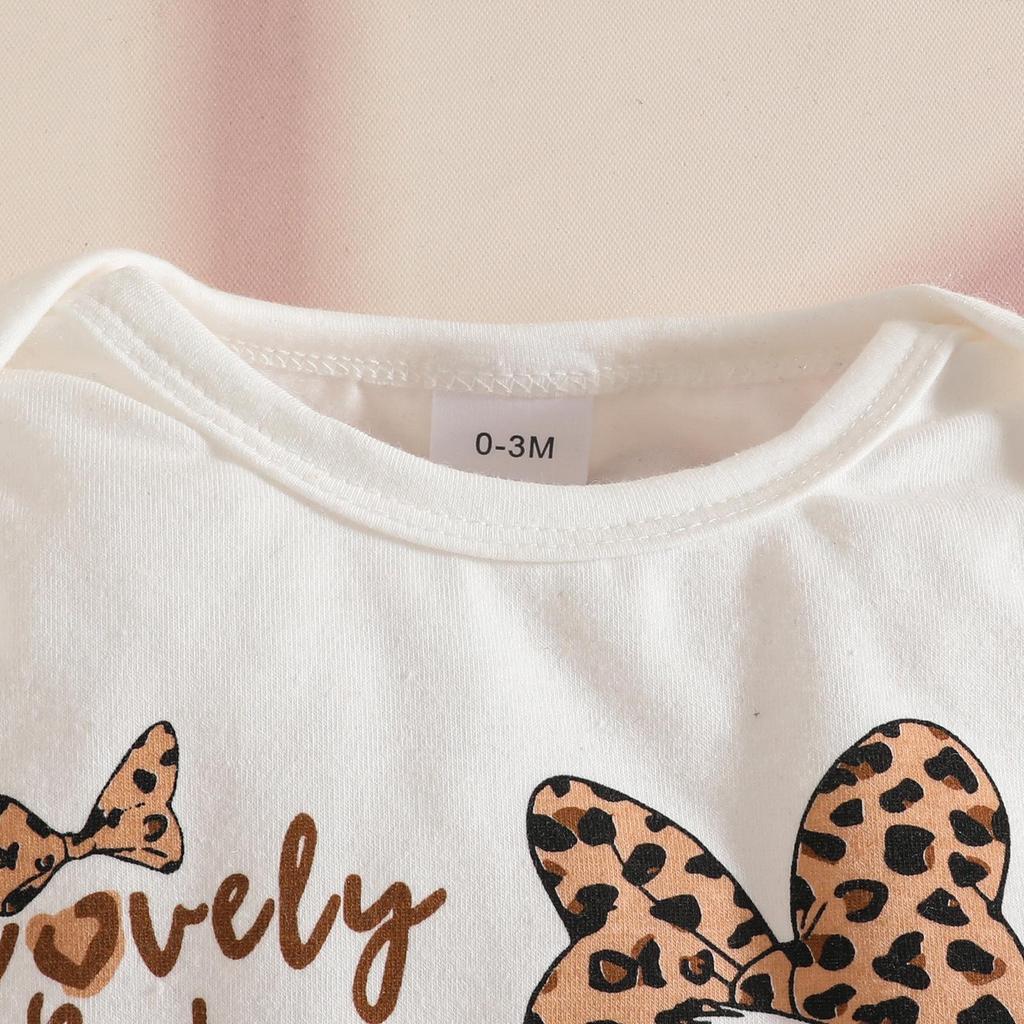 Autumn Cartoon Letter Bodysuit & Bowknot Leopard Pants Set - Long Sleeve for Girls