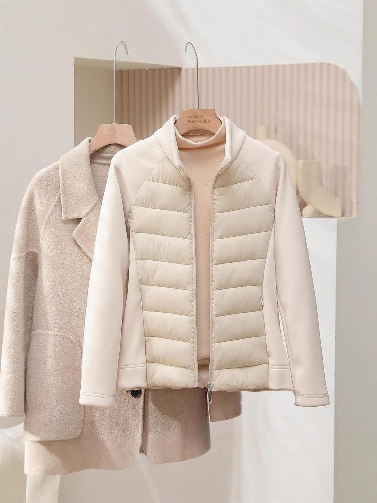 Women's Sporty Spliced Cotton Jacket - Warm Stand-Up Collar, Slim Rib, Lightweight Winter Outdoor Coat for Yoga