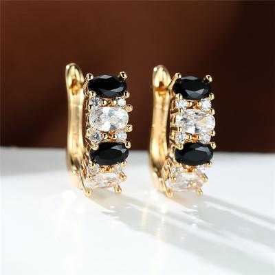 Cute Black White Zircon Hoop Earrings Female Luxury Crystal Oval Stone Gold Color Wedding Jewelry For Women