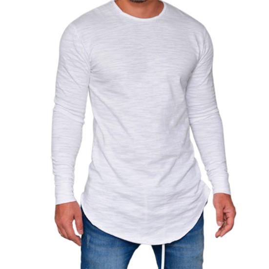 Herren T-Shirt Einfarbige Unregelmäßiger Saum Frühling Herbst Rundhalsausschnitt Langes Hemd für den täglichen Gebrauch
