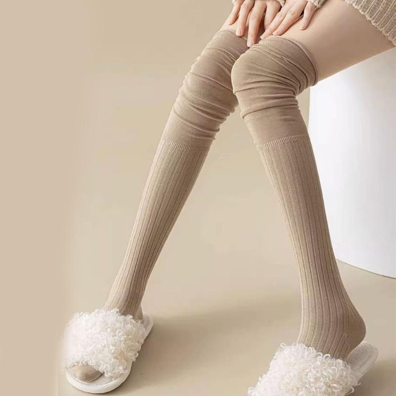Einfarbige Kniehohe Lange Socken für Damen Japanische Studentin Raffung Lässiges Oberteil Gerippt Gestrickt Oberschenkelhohe Strümpfe Strumpfwaren