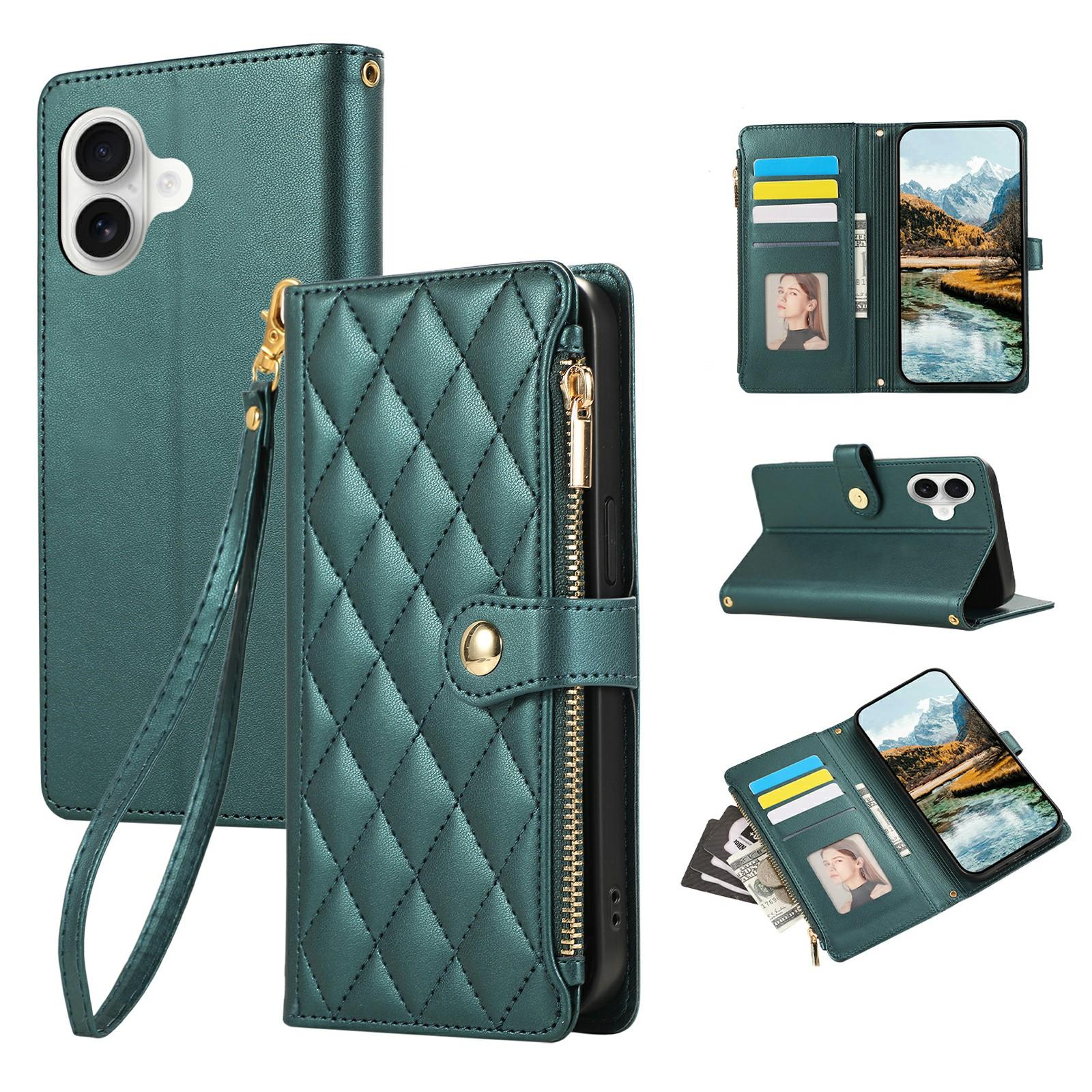 

For iPhone 17 Case Multi Card Slots Zipper Rhombus Leather Phone Cover with Wrist Strap Green