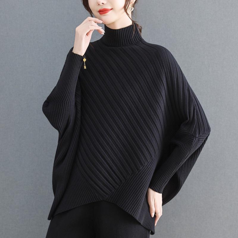 Plus Size Women's Batwing Sleeve Ribbed Knit Sweater with Half-High Round Neck