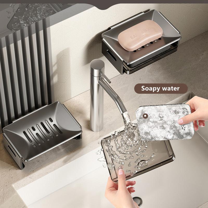 Wall-Mounted Bathroom Punch-Free Household Soap Box Space Aluminum Sponge Rack Washable Storage Rack Soap Drain Box Soap Holder
