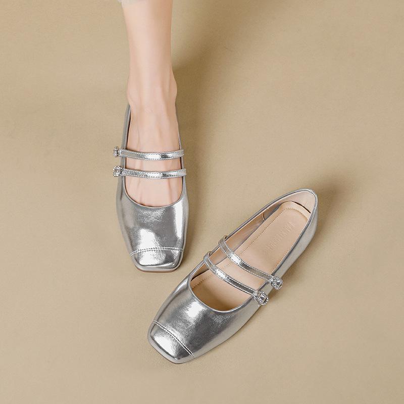 

Модные балетки с двойным ремешком, туфли Мэри Джейн, женская обувь Лолита, весенние балетки, женские лоферы с мелким подъемом, мокасины для босой ноги, женская обувь для невесты 34 серебряный
