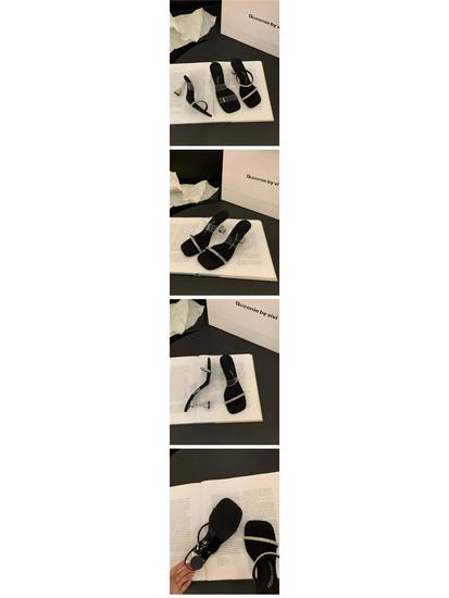 Damen 2025 Sommer Sandalen mit quadratischer Zehenpartie und Kristallabsatz - Schwarze Strass-Sandalen