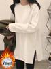 White Long-Sleeve Cotton Sweater Tunic for Women - Mid-Length, Velvet-Lined, Butt-Covering. Perfect Autumn/Winter Layer.