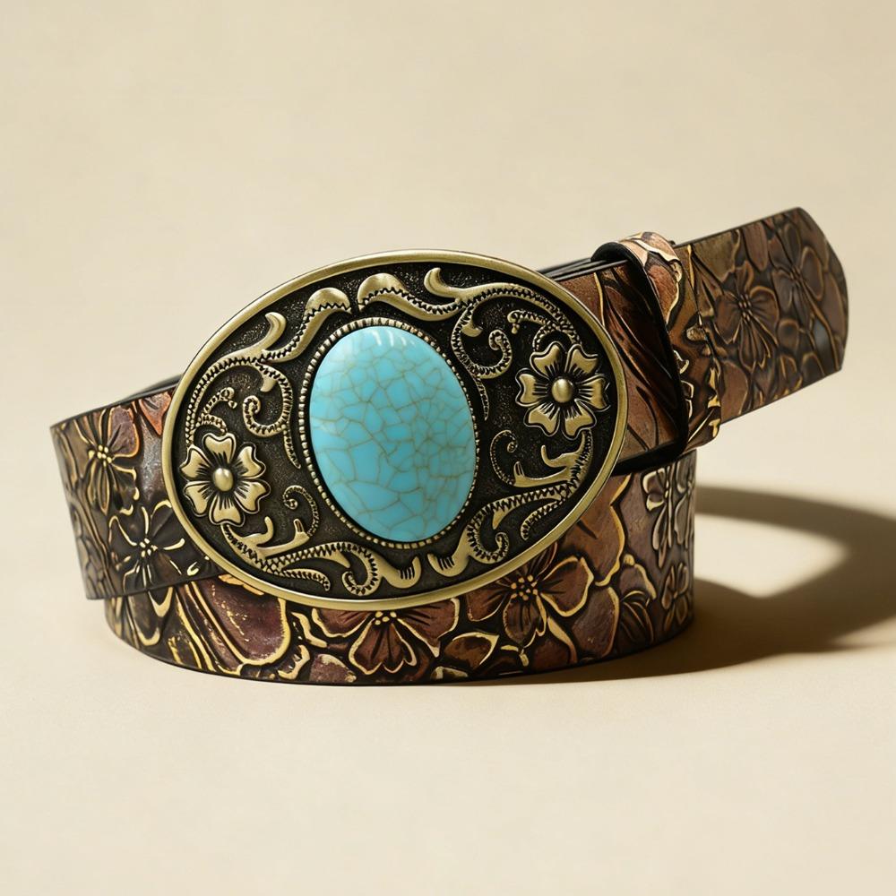 Antique Bronze Buckle Western Cowgirl Belt PU Leather Floral Embossed Belt  Outfit Decoration