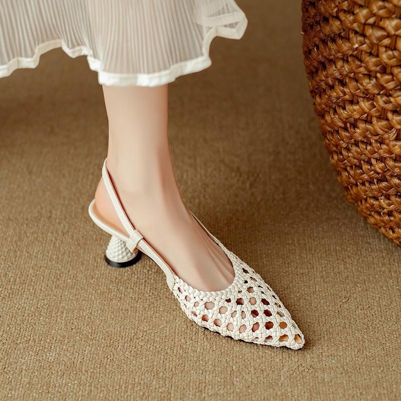 French Pointed Toe Hollow Breathable Sandals Elegant Sandals for Women Buckle Straps Cover Toe Slingback Shoes Summer