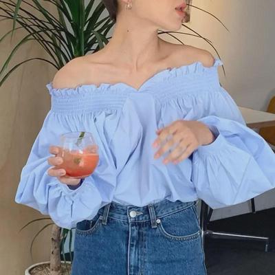 Camisa Chic Coreana Reversible de Hombros Descubiertos con Mangas Acampanadas para Mujer - Diseño Blanqueador Azul Leche Francés