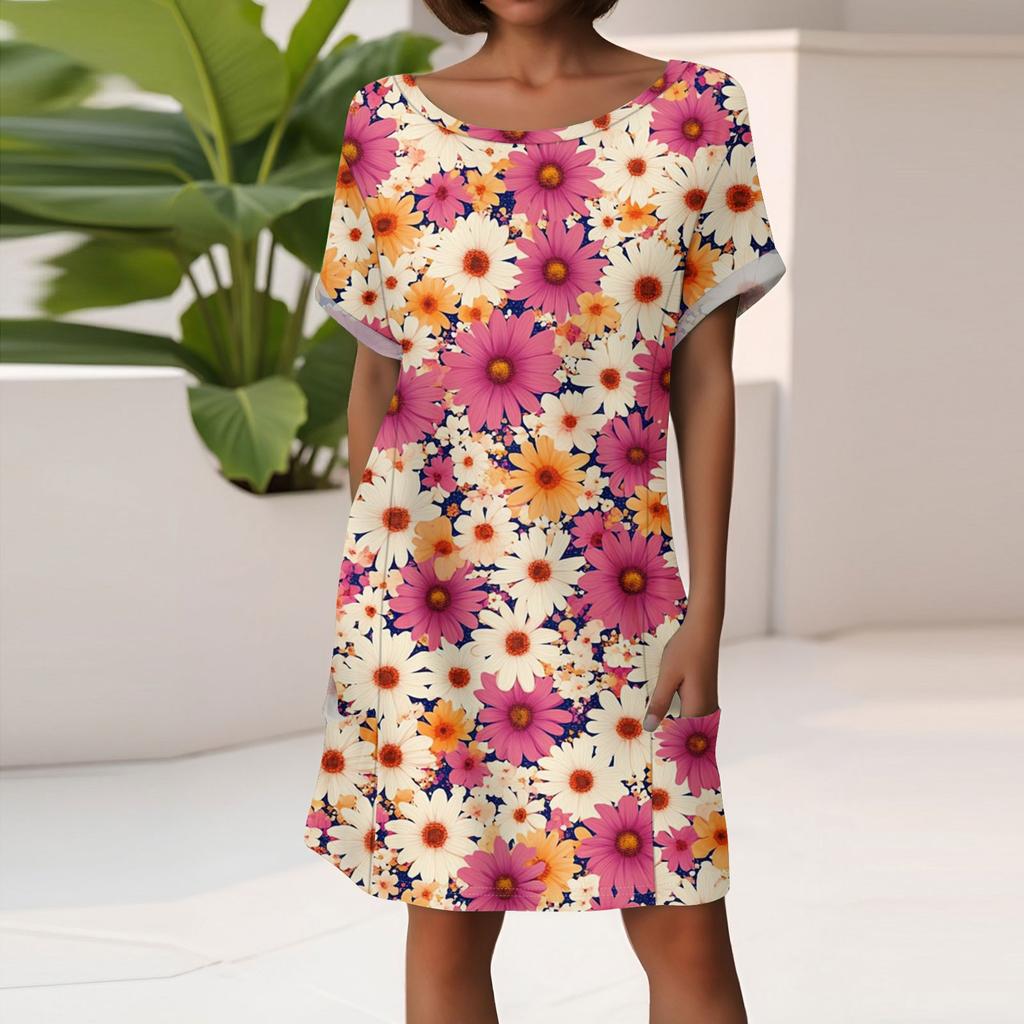 Women's Fashion Short Sleeve Dress With Pockets Floral Print Casual Beach Dress
