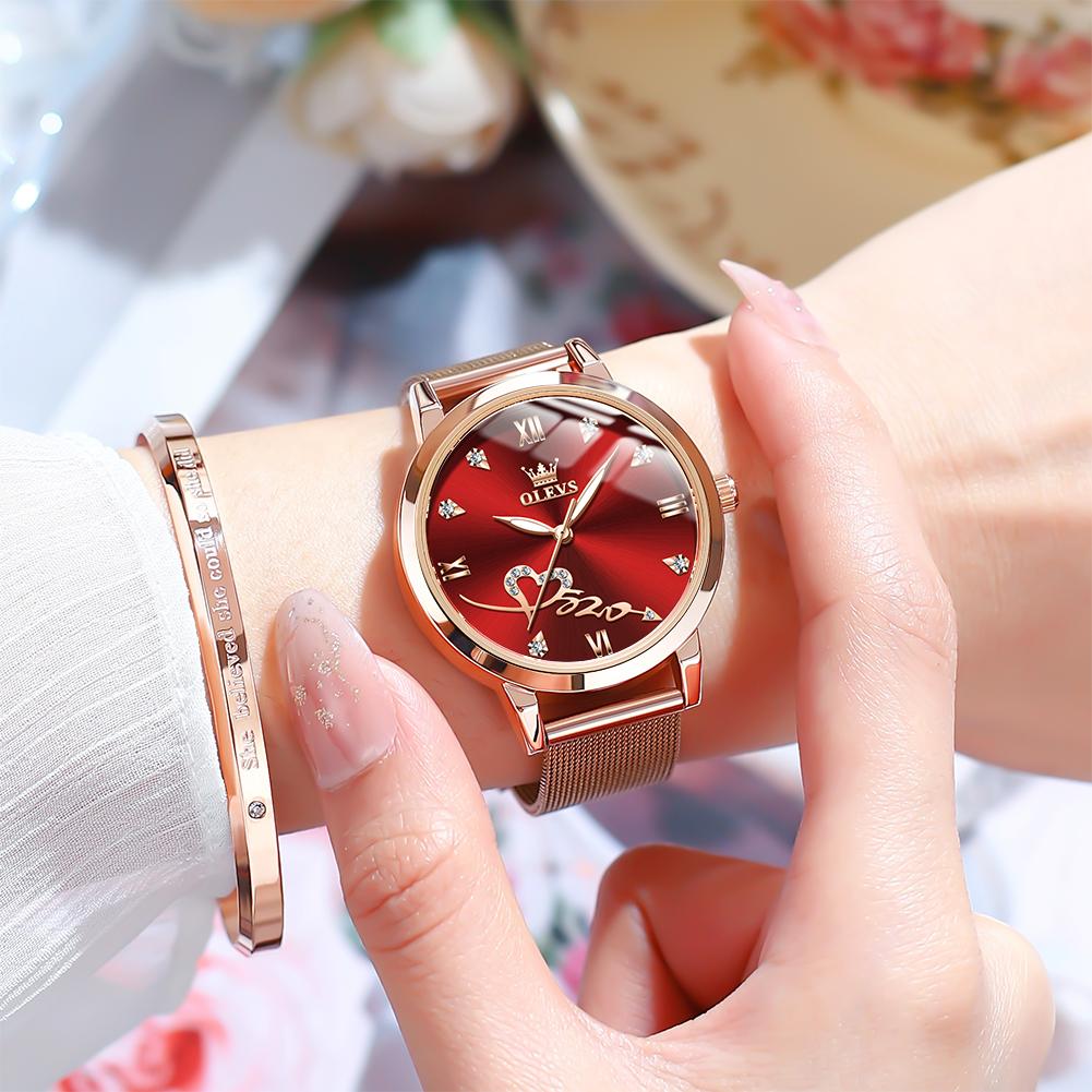 OLEVS Luxury Love Heart Diamond Ladies Watches Stainless Steel Mesh Strap Waterproof Quartz Wristwatch for Women Gift