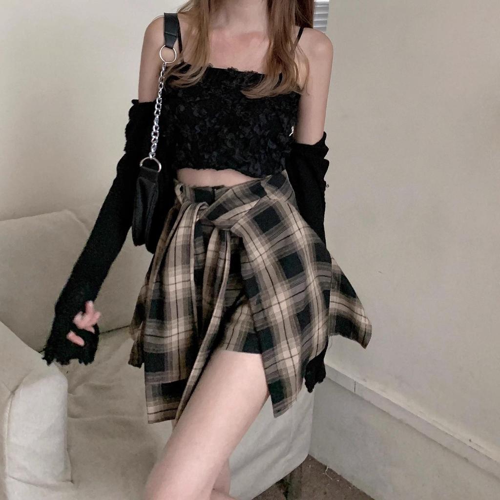 Women's Summer Retro High-Waist Irregular Plaid Midi Skirt with Faux Two-Piece Shorts