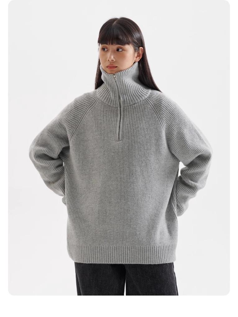 Men's High-Neck Half-Zip Thick Knit Sweater, Retro Loose-Fit Pullover for Autumn/Winter