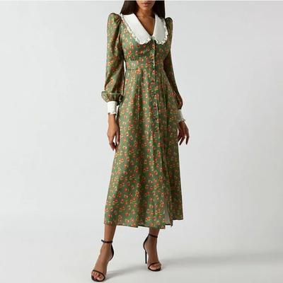 Women Cute V-Neck Long Sleeve High Waist Long Dress Flower Print Maxi Dress Robe