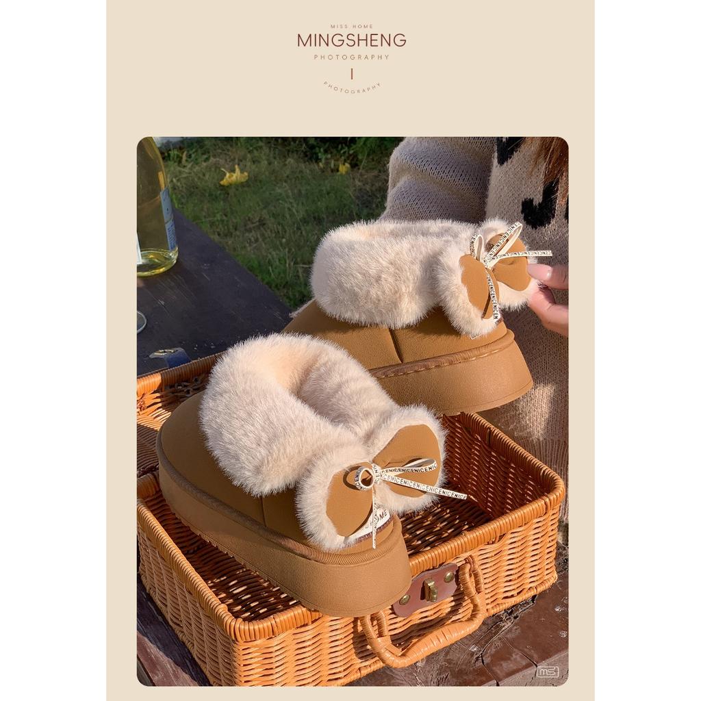 Bavlněné pantofle s mašlí pro ženy, zimní s patou v tašce s plyšovými bavlněnými botami, dívčí styl, teplé a se silnou podrážkou pro venkovní nošení