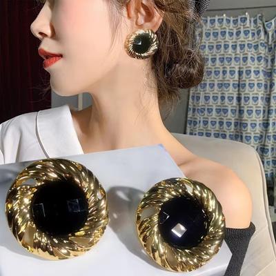 Modern Jewelry Vintage Black Earring Popular Gold Color Exaggerated Round Earrings For Women Party Gifts