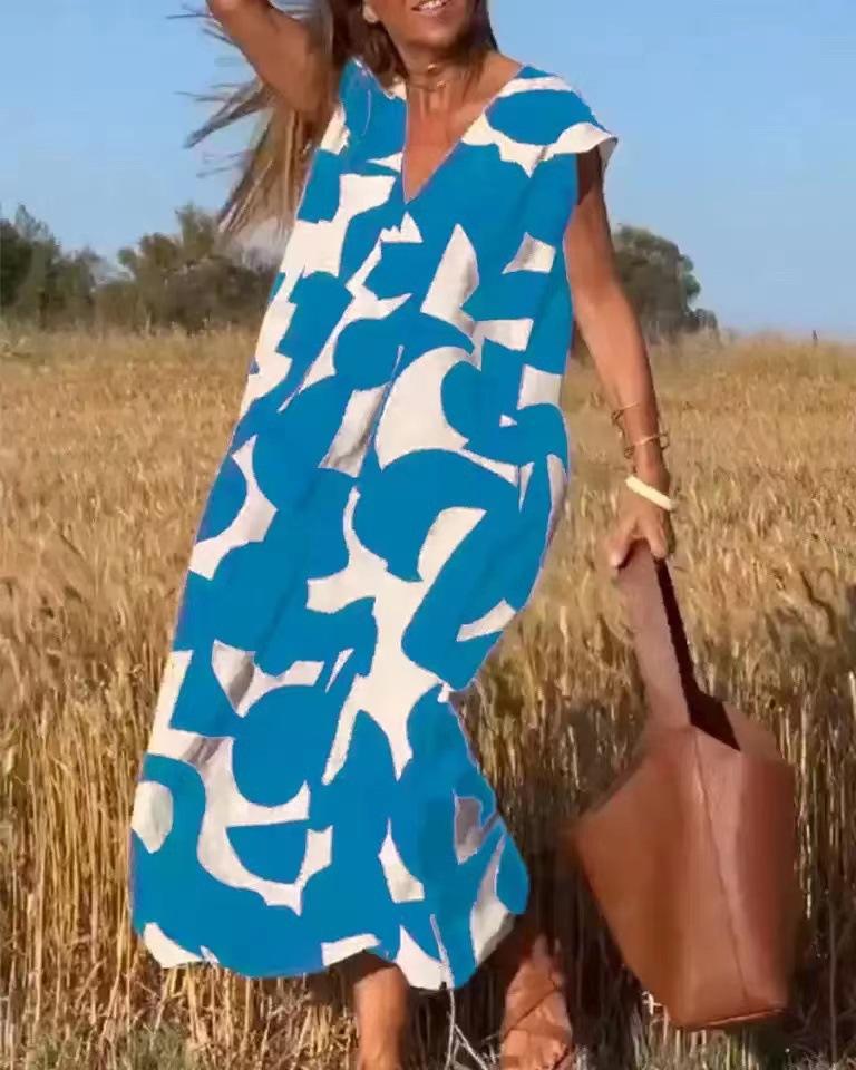 Women's V Neck Sleeveless Maxi Dress Loose Fit High Waist Casual Geometric Print A Line Long Dress 2026 Summer Elegant Vacation Dress
