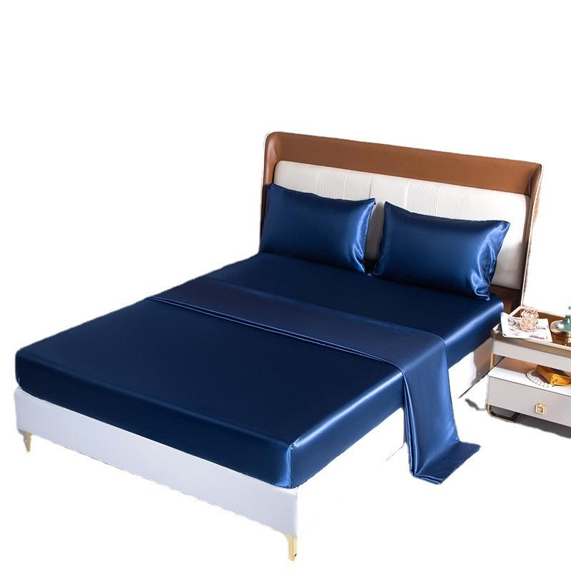 Bed Sheet Fitted Sheet Pillowcase Artificial Silk Satin Four-Piece Set Solid Color Ice Silk Three-Piece Set