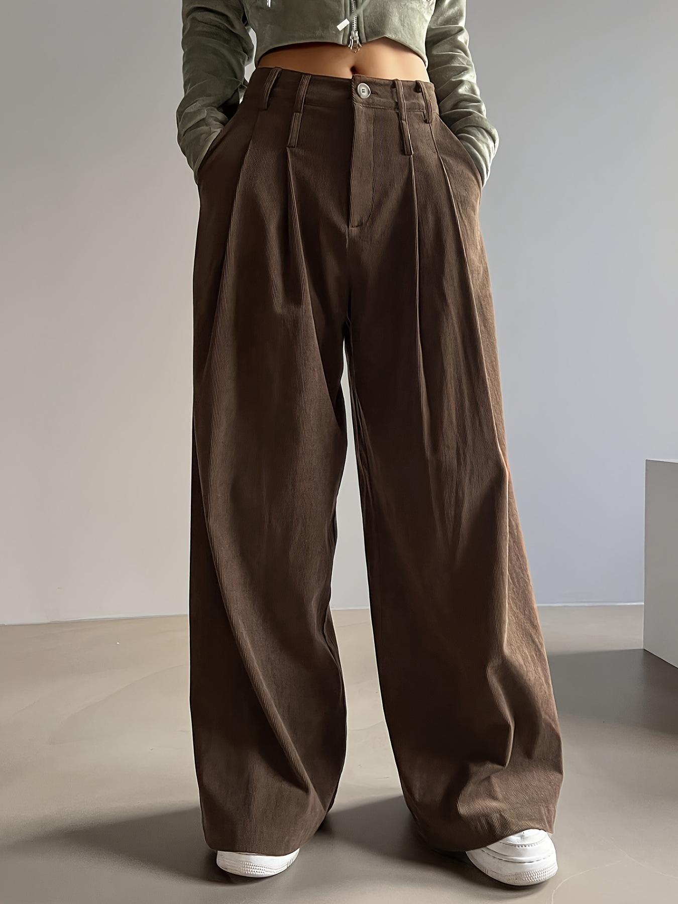 Retro Brown Corduroy Wide Leg Pants Women High Waist Pleated Long Trousers S