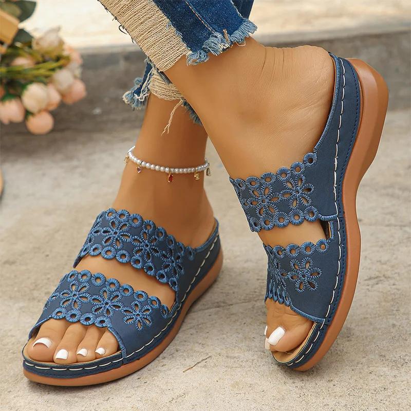 Hollow Out Flower Wedge Sandals Women Summer 2025 Soft Bottom Slip On Platform Slides Woman Plus Size 43 Heels Rome Shoes Woman