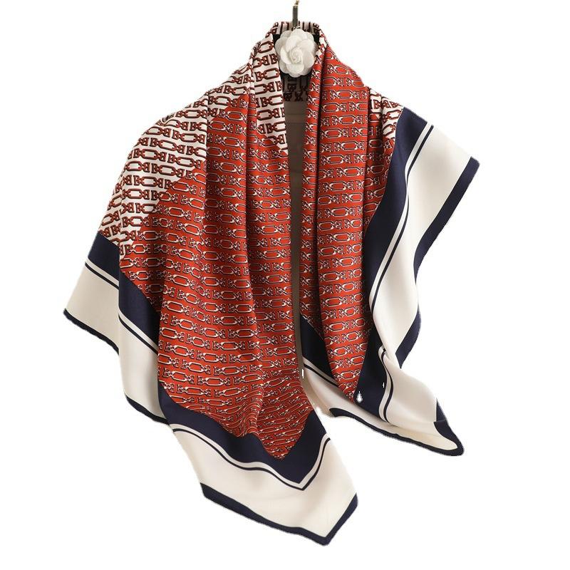 European and American Style Large Square Scarf Hangzhou Silk Scarf Autumn and Winter Twill Chain Color Matching Fashion Silk Scarf Spring and Summer S