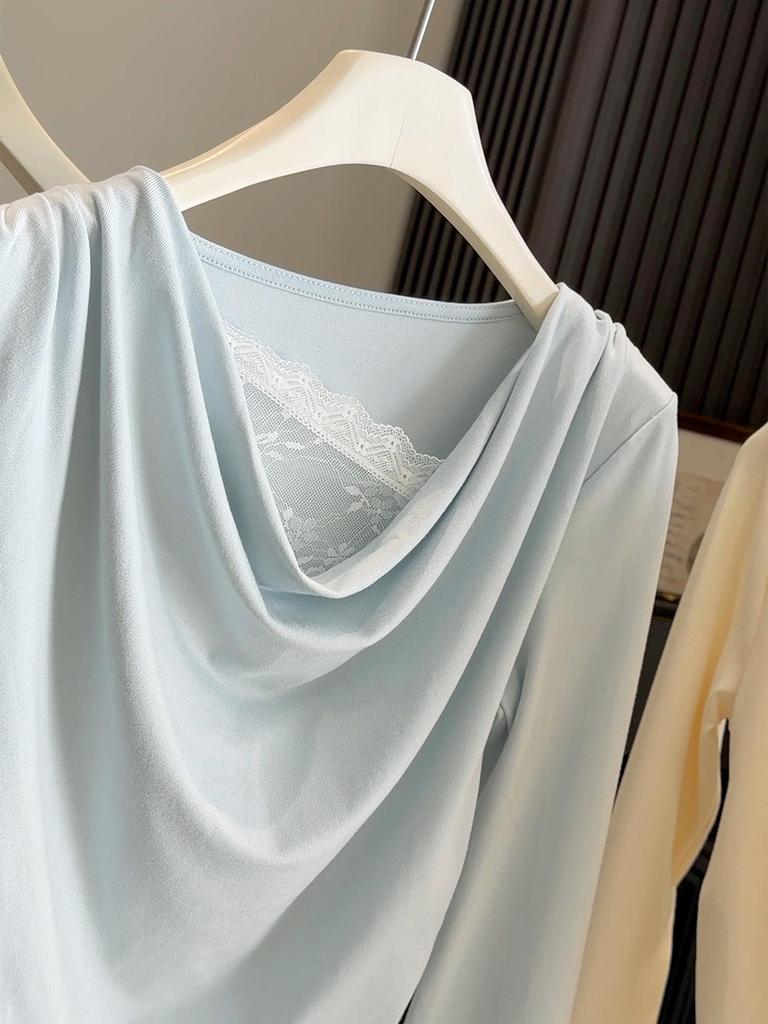 Spring Sweet Lace Patchwork One-Shoulder Slimming Long Sleeve T-Shirt Top
