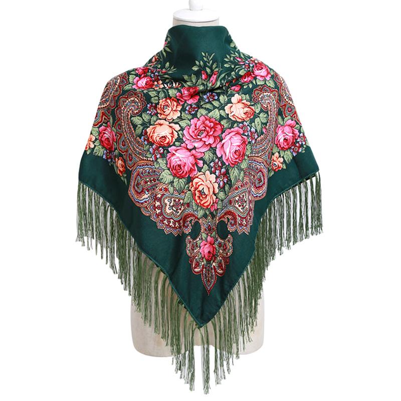 

Жіночий теплий плащ з бахромою Пончо Квадратний шарф Хустка з пензликом Шаль з квітковим принтом На голову