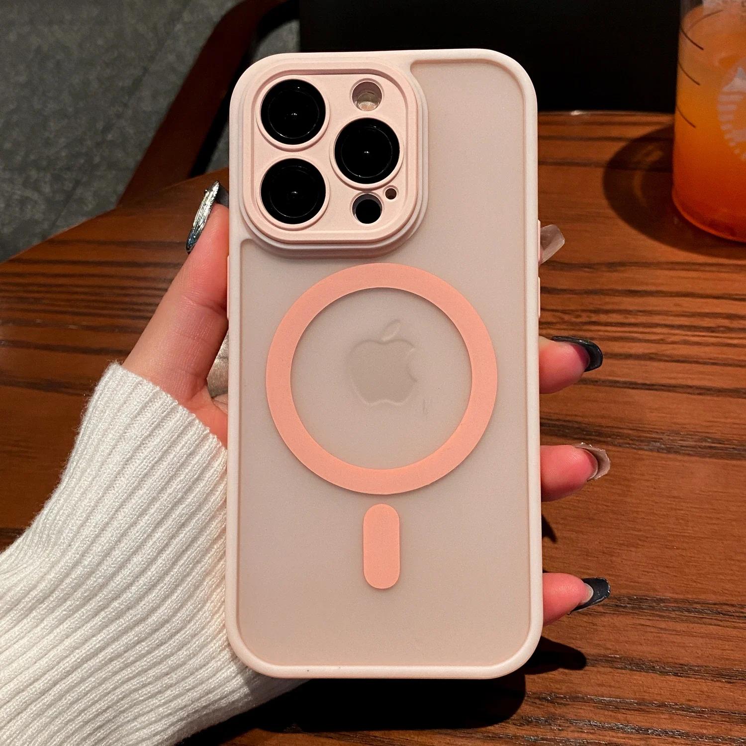 

Роскошный матовый прозрачный бронированный противоударный чехол для iPhone 16 15 14 13 12 11 Pro Max 16 Plus для беспроводной зарядки Magsafe с магнитным чехлом For iphone11Promax розовый